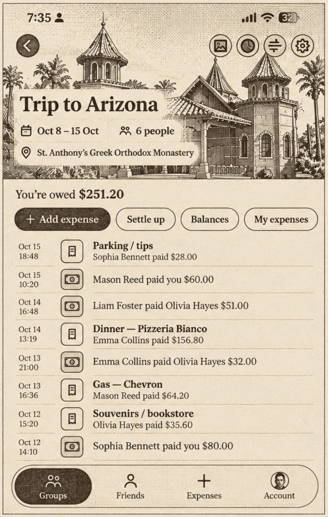 Hoverwise group screen for a trip, with expenses, balances, and how much you are owed